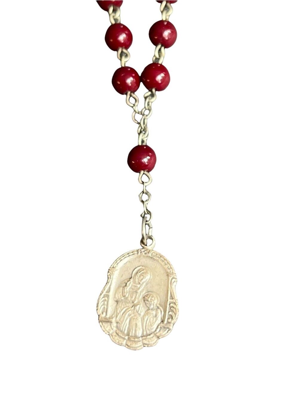 Vintage Rosary Red Carnelian ? Beaded St. Ann Pray For Us Bracelet Prayer Charm